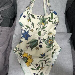 Tory Burch One Piece Cream and Blue Floral Swim CLIP SWIMSUIT ADULT